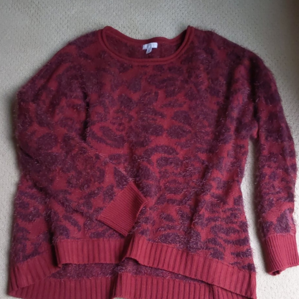 Burgundy animal print sweater.